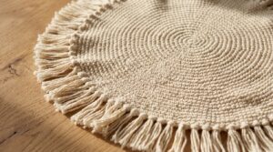 Handcrafted round crochet placemat in natural ecru cotton yarn showing spiral single crochet texture on a white oak dining table