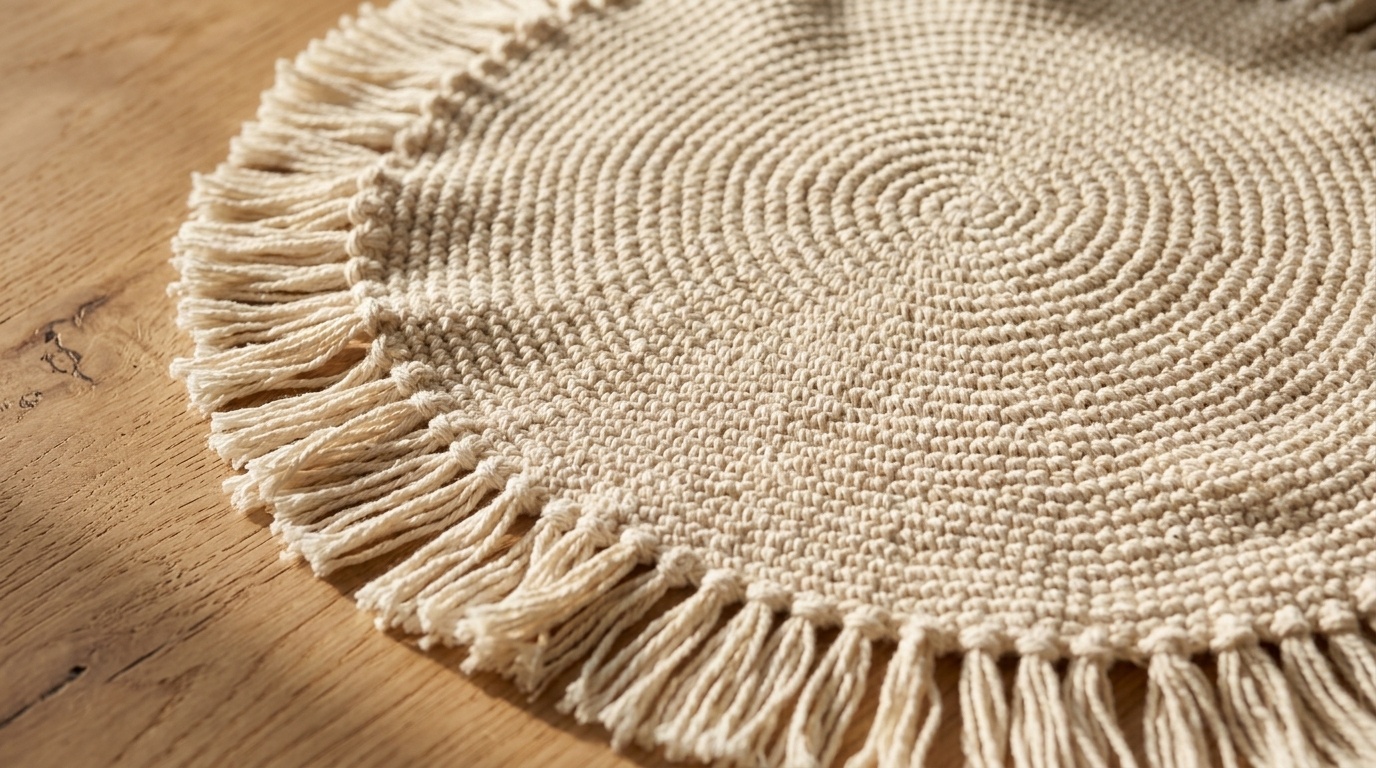 Handcrafted round crochet placemat in natural ecru cotton yarn showing spiral single crochet texture on a white oak dining table