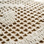 Handcrafted geometric filet crochet table runner in natural ecru cotton yarn showing diamond openwork mesh on a white oak dining table