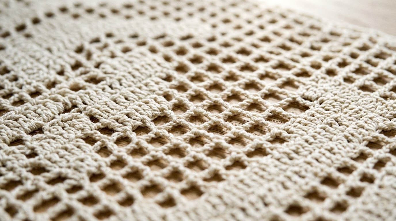 Handcrafted geometric filet crochet table runner in natural ecru cotton yarn showing diamond openwork mesh on a white oak dining table