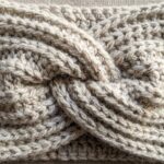 Ultra close-up macro texture of handmade crochet twisted ear warmer headband with ribbed stitch texture in oatmeal wool blend yarn