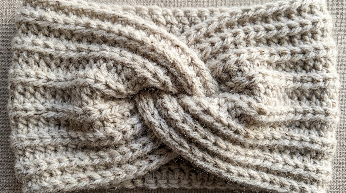 Ultra close-up macro texture of handmade crochet twisted ear warmer headband with ribbed stitch texture in oatmeal wool blend yarn