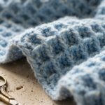 Macro close-up of handmade waffle stitch crochet baby blanket showing textured 3D square cells and raised post stitches on travertine stone