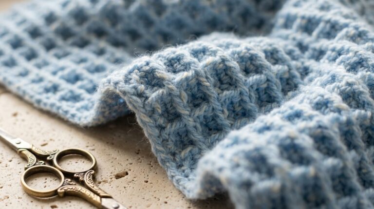 Macro close-up of handmade waffle stitch crochet baby blanket showing textured 3D square cells and raised post stitches on travertine stone