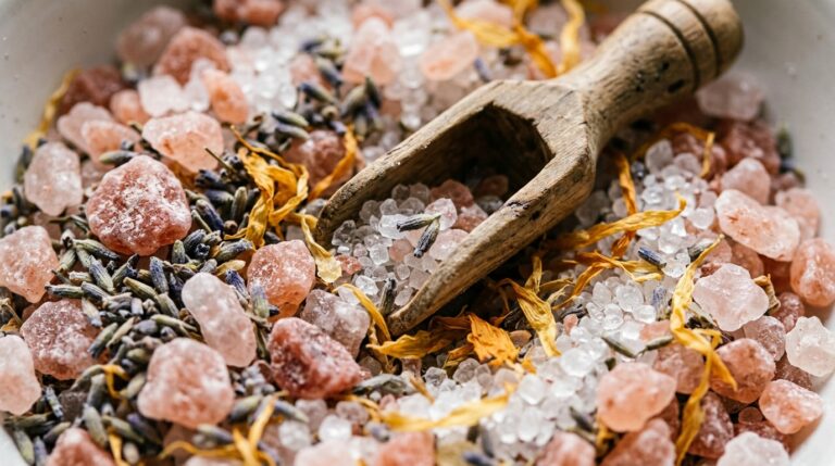 Coarse pink Himalayan salt crystals, translucent Epsom salt granules, and dried French lavender buds with wooden scoop