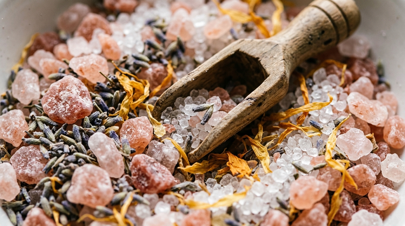 Coarse pink Himalayan salt crystals, translucent Epsom salt granules, and dried French lavender buds with wooden scoop
