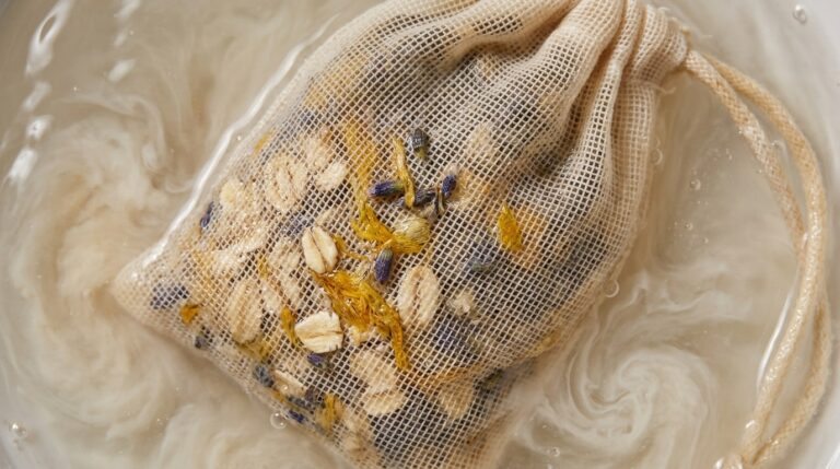 Ultra close-up macro of unbleached muslin bath tea bag steeping in warm water with milky oat extract and dried lavender