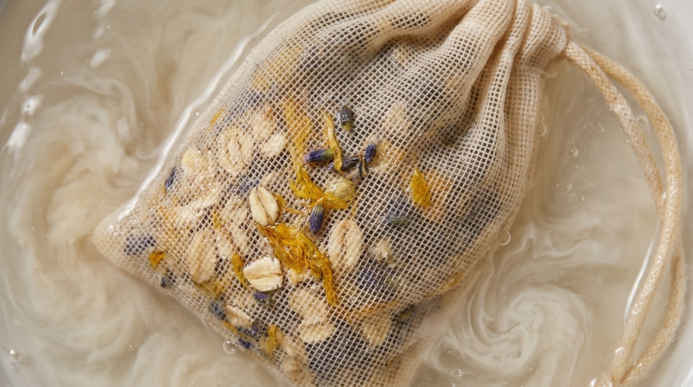 Ultra close-up macro of unbleached muslin bath tea bag steeping in warm water with milky oat extract and dried lavender