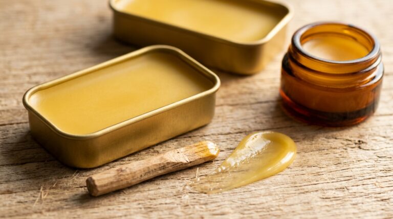 Ultra close-up macro of smooth golden homemade beeswax lip balm in aluminum slider tins
