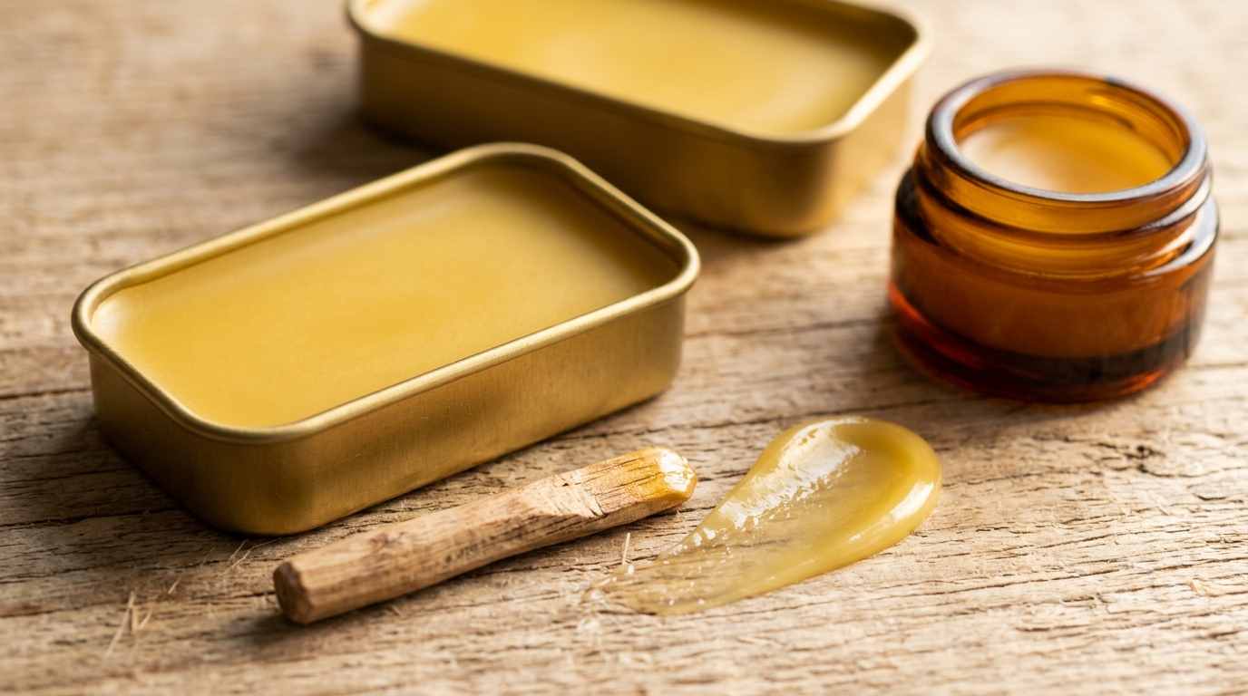 Ultra close-up macro of smooth golden homemade beeswax lip balm in aluminum slider tins