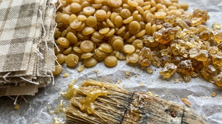 Natural golden beeswax pellets, amber pine rosin granules, and pre-cut patterned organic cotton fabric squares on parchment paper