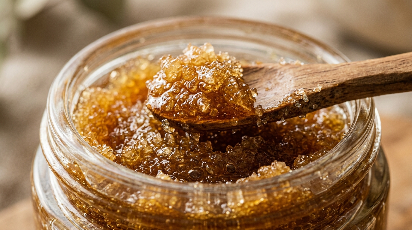 Ultra close-up macro of homemade golden honey brown sugar lip scrub in mini glass apothecary jar