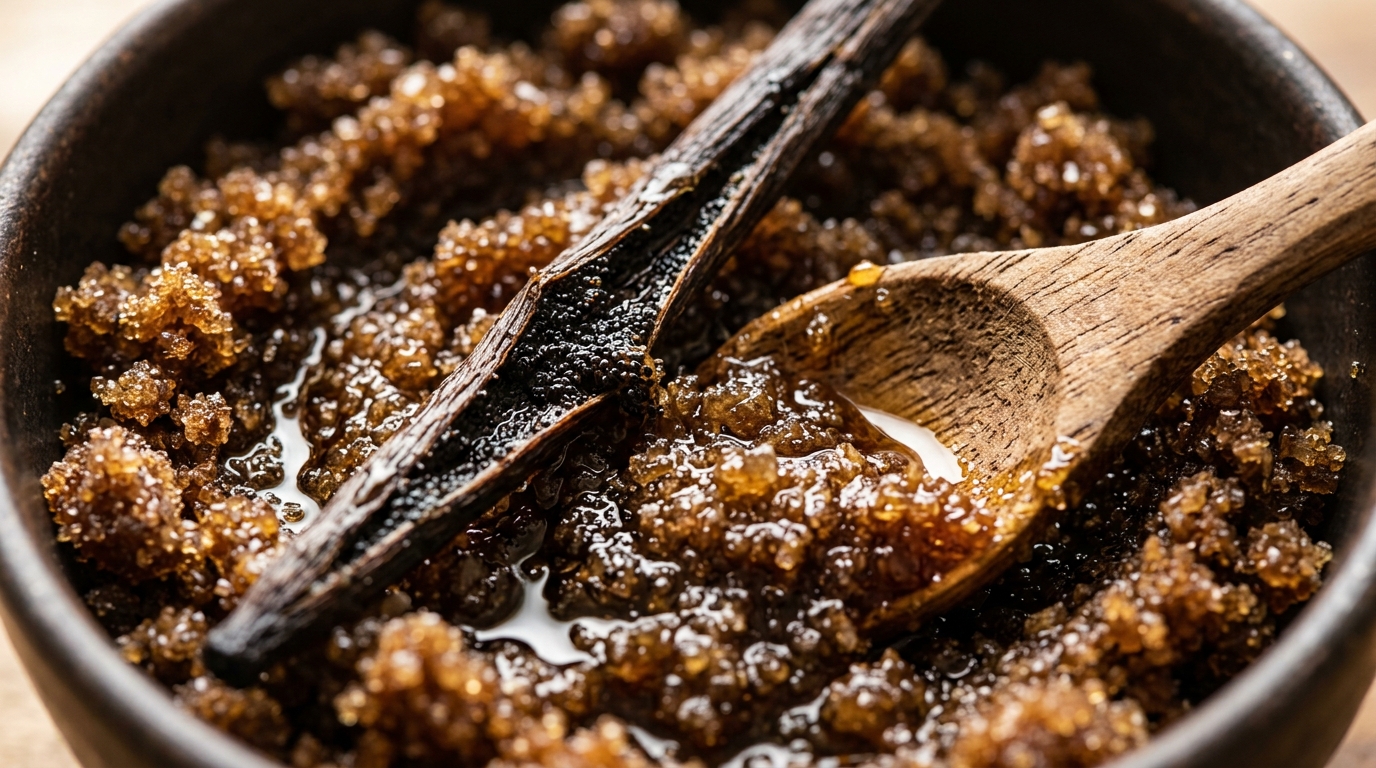 Ultra close-up macro texture of rich dark brown sugar body scrub mixed with golden sweet almond oil