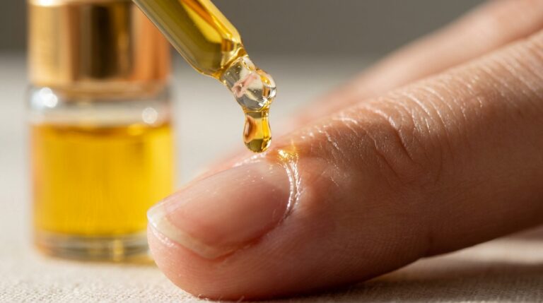 Ultra close-up macro of golden jojoba cuticle oil in glass rollerball bottle with oil droplet on fingernail