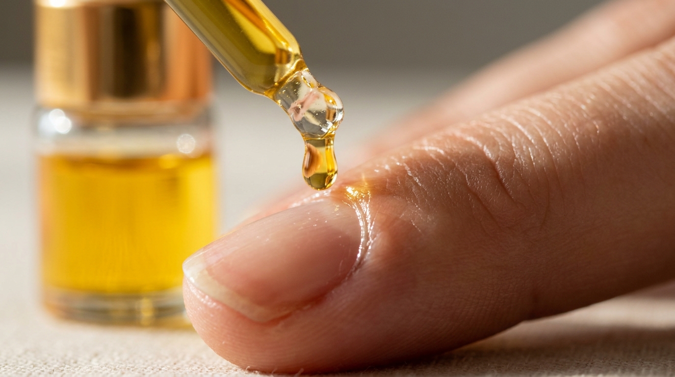Ultra close-up macro of golden jojoba cuticle oil in glass rollerball bottle with oil droplet on fingernail