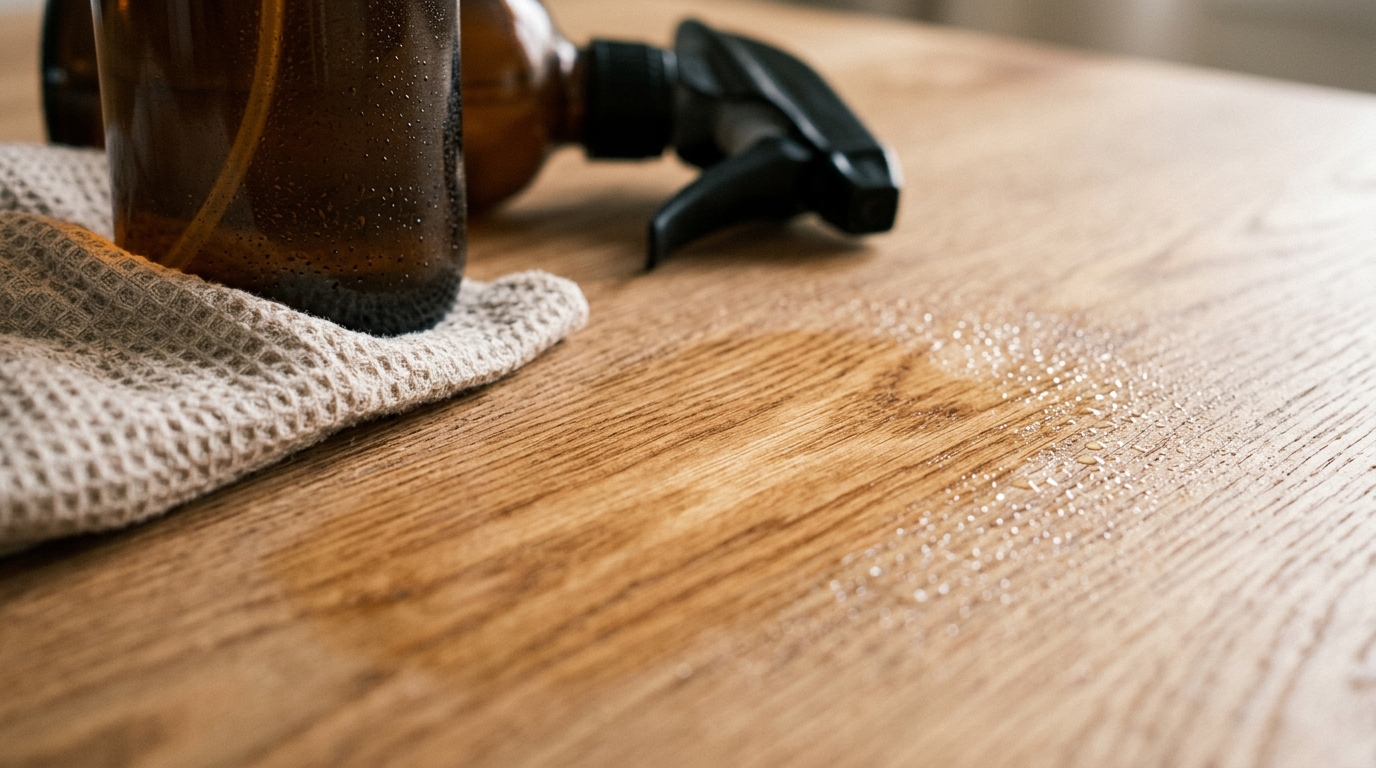 Ultra close-up macro of natural oak wood surface buffed to a satin finish with homemade dusting spray