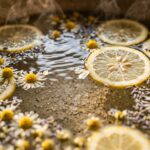 Ultra close-up macro texture of warm foot soak basin with dissolving Epsom salt and dried botanicals