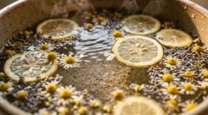 Ultra close-up macro texture of warm foot soak basin with dissolving Epsom salt and dried botanicals