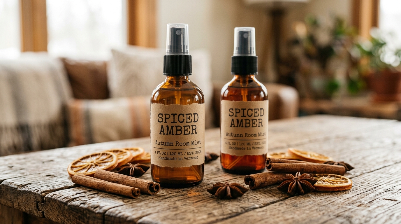 Close-up of amber glass spray bottles with fine mist nozzles, rustic kraft labels, cinnamon bark sticks, and dried orange slices on a weathered wooden table