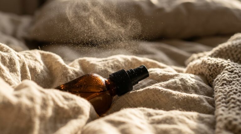 Ultra close-up macro of amber glass spray bottle misting aromatic droplets over neutral linen bedding