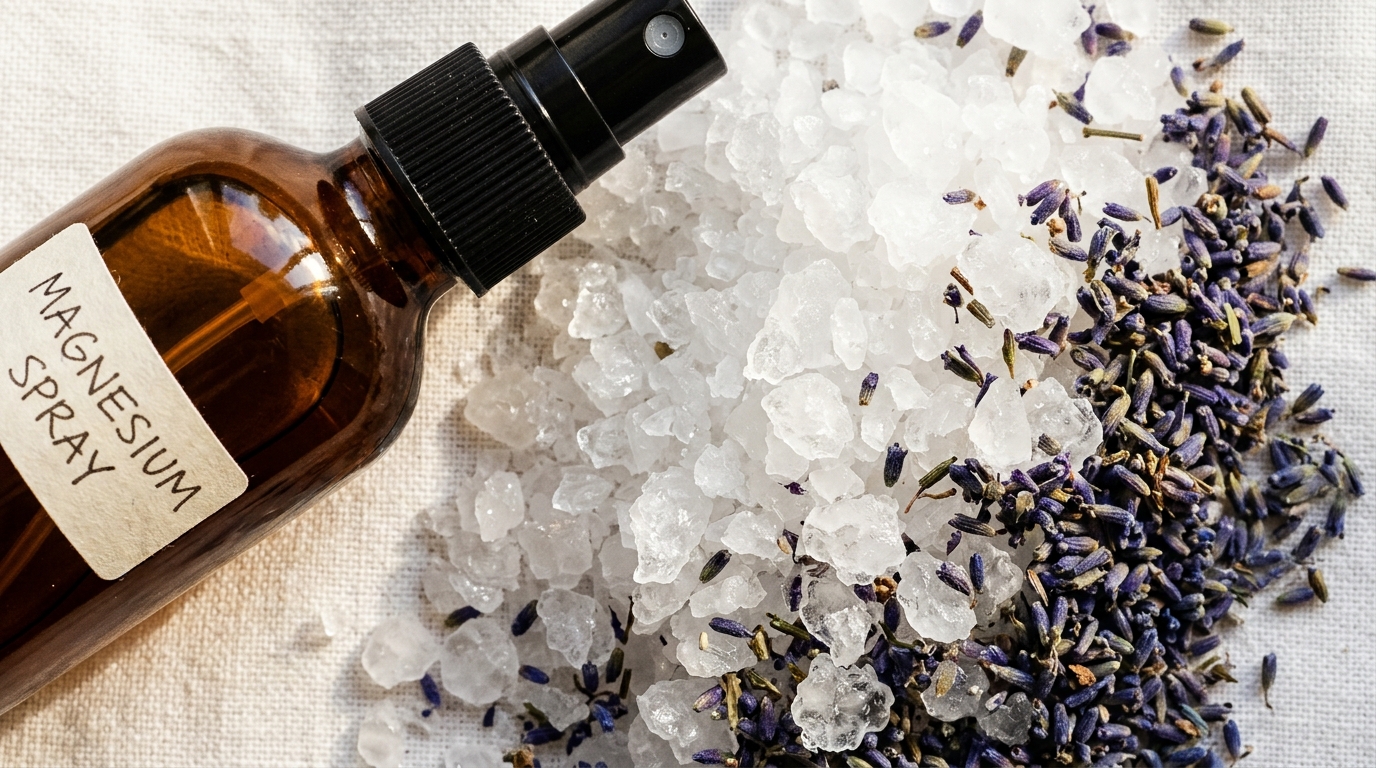 Ultra close-up macro texture of DIY magnesium spray in amber glass bottle with white magnesium flakes and dried lavender buds