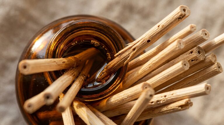 Ultra close-up macro texture of natural botanical reed diffuser with porous rattan reeds in amber glass apothecary bottle