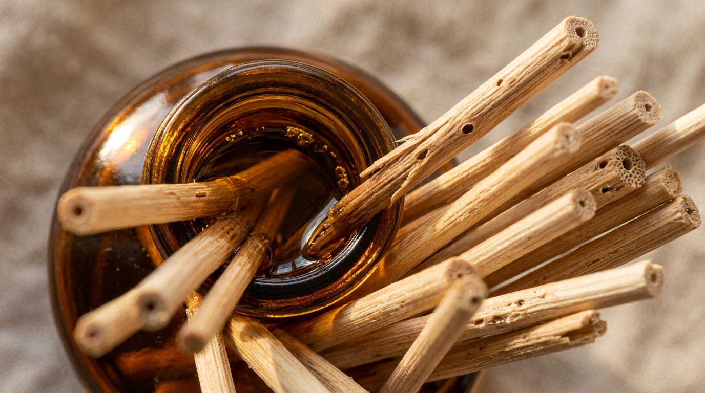 Ultra close-up macro texture of natural botanical reed diffuser with porous rattan reeds in amber glass apothecary bottle