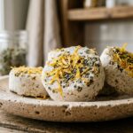 Close-up of handcrafted round shower steamer tablets topped with dried botanical petals resting on a natural stone dish in soft bathroom morning light