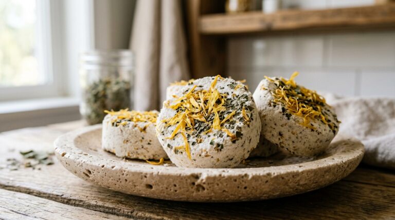 Close-up of handcrafted round shower steamer tablets topped with dried botanical petals resting on a natural stone dish in soft bathroom morning light