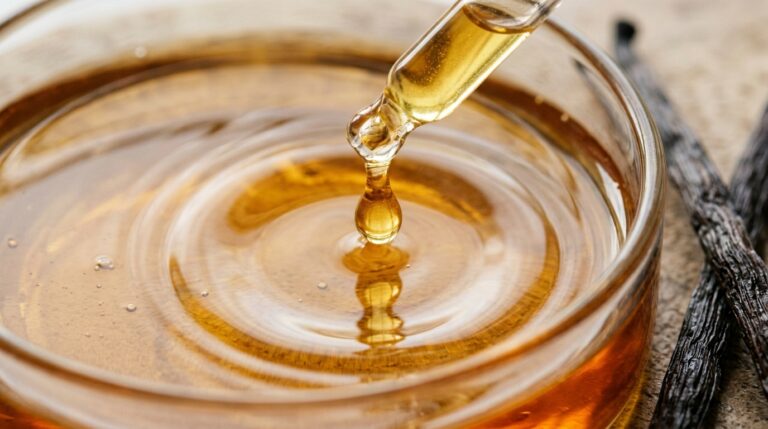 Ultra close-up macro of golden vanilla botanical body oil droplet rippling into glass dish