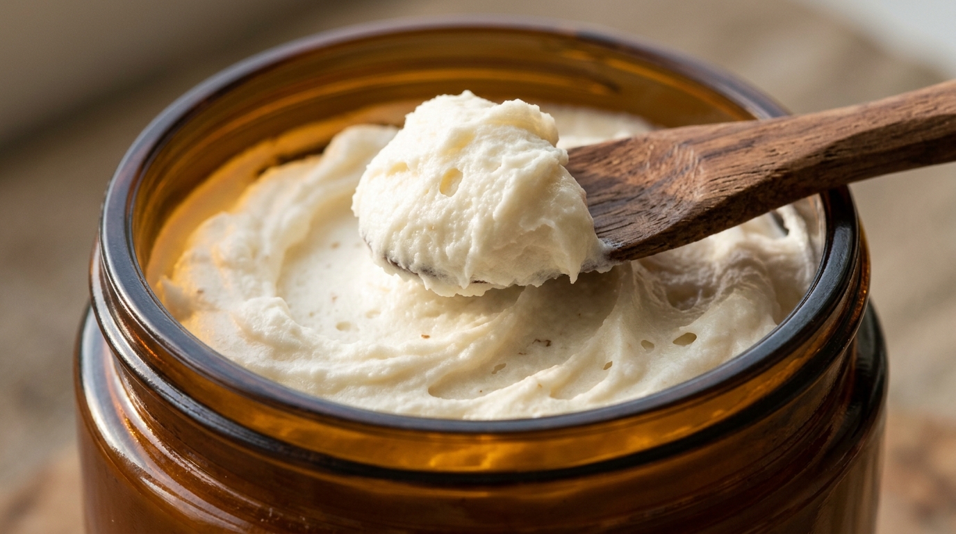 Ultra close-up macro of freshly whipped fluffy ivory shea body butter with soft peaks in glass jar