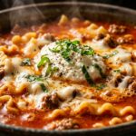 Ultra close-up macro food photography of rich and comforting one-pot lasagna soup with tender noodles and herb ricotta