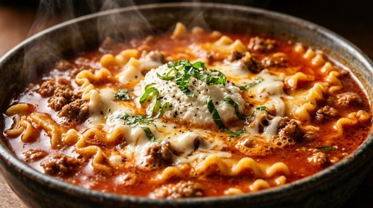 Ultra close-up macro food photography of rich and comforting one-pot lasagna soup with tender noodles and herb ricotta