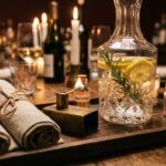 Ultra close-up macro of an elegant dinner party host staging tray with linen napkins, matches, and crystal water carafe