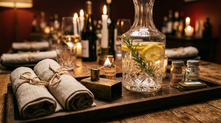 Ultra close-up macro of an elegant dinner party host staging tray with linen napkins, matches, and crystal water carafe