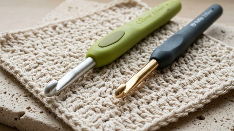 Close-up macro comparison of Clover Amour and Tulip Etimo 5.0 mm ergonomic crochet hooks resting on cream cotton swatch on travertine workbench