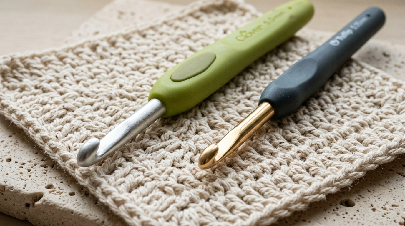 Clover Amour H/8 5.0mm and Tulip ETIMO Gold 8/0 5.00mm ergonomic crochet hooks resting side by side on cream cotton swatch on travertine workbench