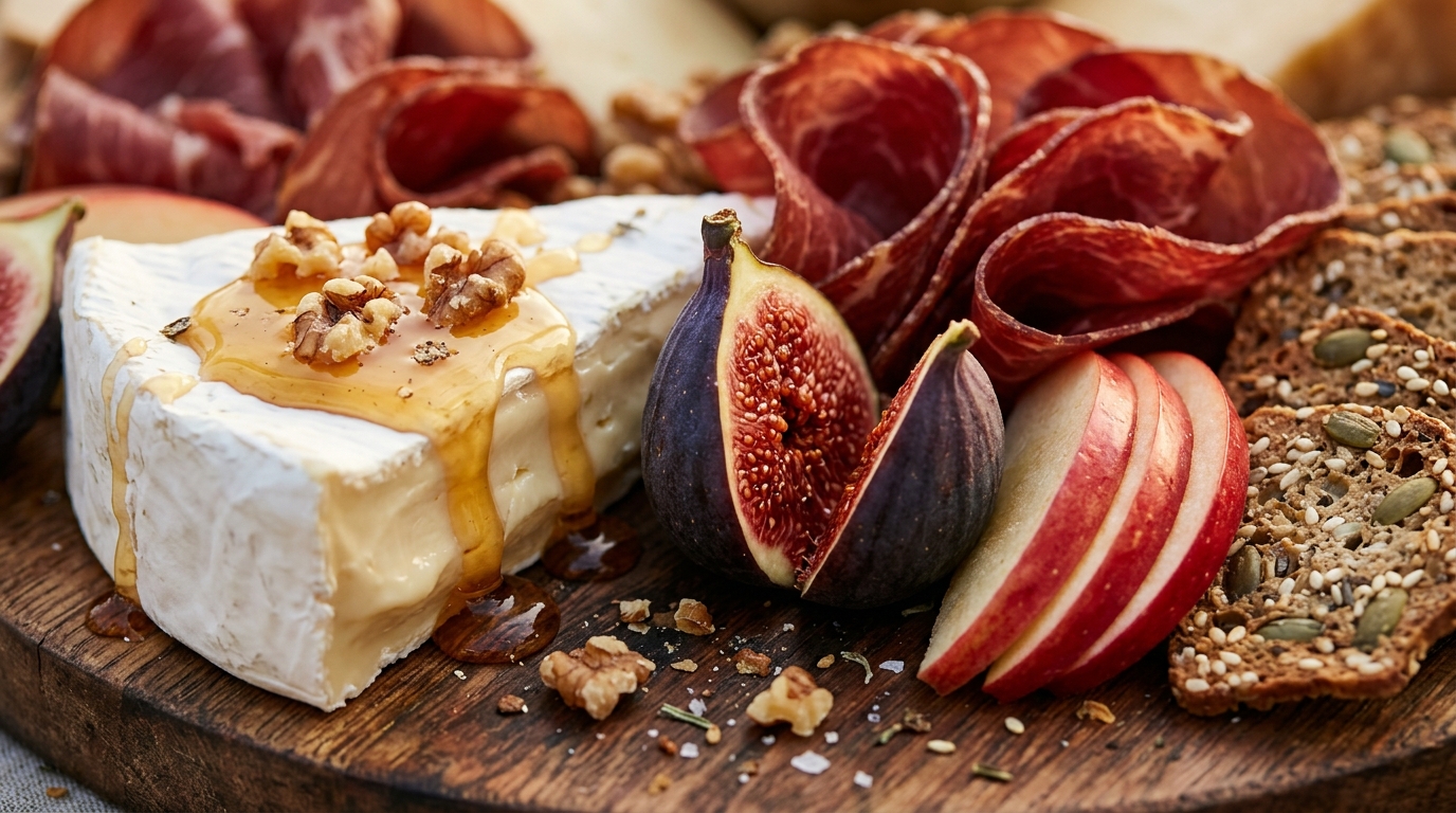 Extreme close-up macro of an autumn charcuterie board with brie, raw honeycomb, fresh figs, and cured beef ribbons