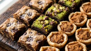 Ultra close-up macro of bite-sized autumn party desserts including chocolate pistachio brownie bites and brown butter cookie bars