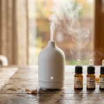 Close-up of a minimalist ceramic ultrasonic diffuser with soft aromatic mist rising beside amber glass essential oil bottles of sweet orange and cedarwood on a wooden table