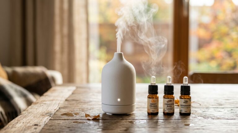 Close-up of a minimalist ceramic ultrasonic diffuser with soft aromatic mist rising beside amber glass essential oil bottles of sweet orange and cedarwood on a wooden table