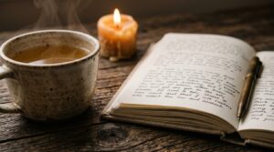 Ceramic mug of chamomile tea, open linen journal, and glowing beeswax candle on wooden table in warm evening light