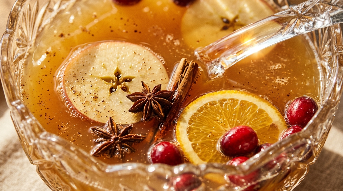 Extreme close-up macro of an ornate crystal punch bowl filled with sparkling autumn spiced cider punch with floating Honeycrisp apples, cranberries, and cinnamon sticks