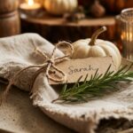 Ultra close-up macro of an elegant Friendsgiving table decor setting with speckled ceramic plate, linen napkin, and rosemary sprig