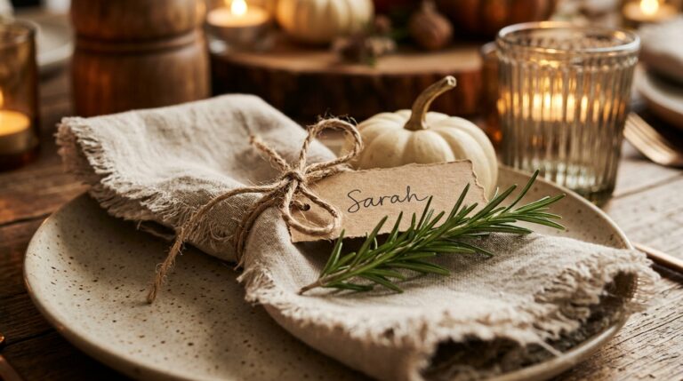 Ultra close-up macro of an elegant Friendsgiving table decor setting with speckled ceramic plate, linen napkin, and rosemary sprig