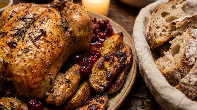 Ultra close-up macro of an abundant Friendsgiving dining feast centerpiece with golden roast chicken, potatoes, and warm bread