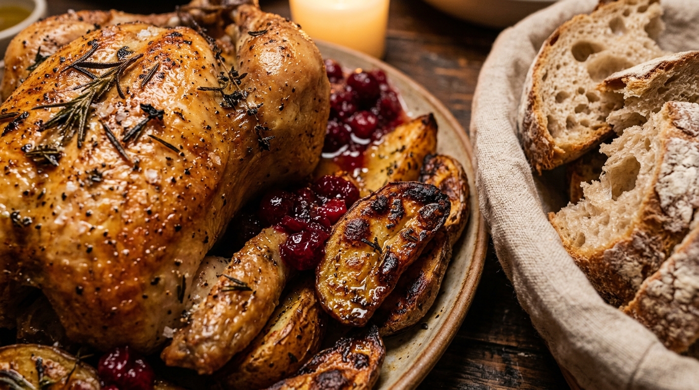 Ultra close-up macro of an abundant Friendsgiving dining feast centerpiece with golden roast chicken, potatoes, and warm bread