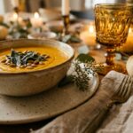 Extreme macro close-up of a Friendsgiving table setting with speckled stoneware plate, roasted butternut squash soup, amber glass goblet, and linen napkin
