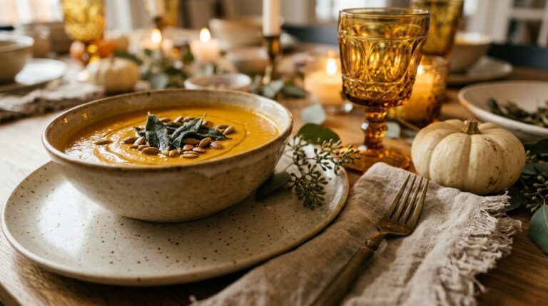 Extreme macro close-up of a Friendsgiving table setting with speckled stoneware plate, roasted butternut squash soup, amber glass goblet, and linen napkin