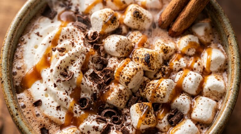 Ultra close-up macro texture of hot chocolate in ceramic mug topped with whipped cream, mini marshmallows, chocolate shavings, and caramel drizzle